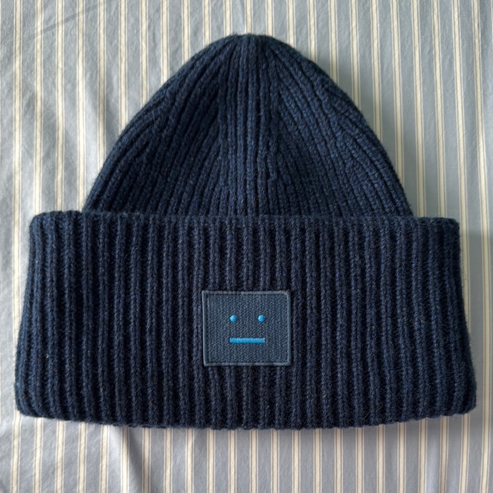 Acne Black and Blue Knit Hat with Ribbed Texture